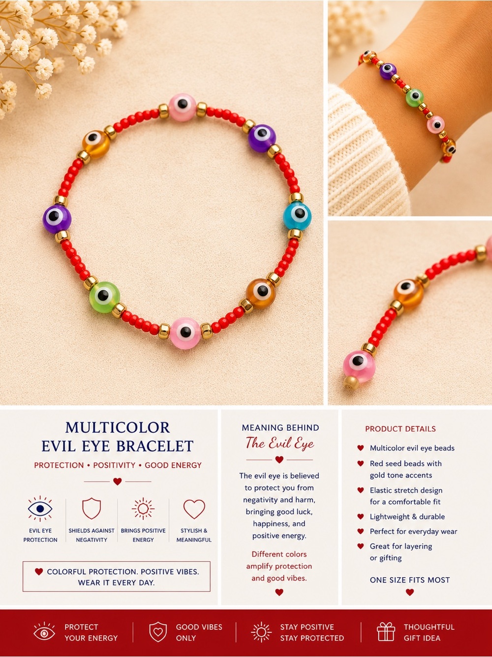 Multicolor Evil Eye Kids Bracelet with Red Seed Beads